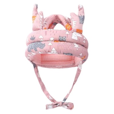 Детский мягкий противоударный шлем для защиты головы (Розовый, с принтом совы, с рожками)