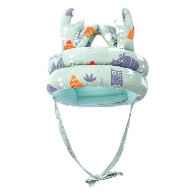 Детский мягкий противоударный шлем для защиты головы (Лайм, с принтом совы, с рожками)