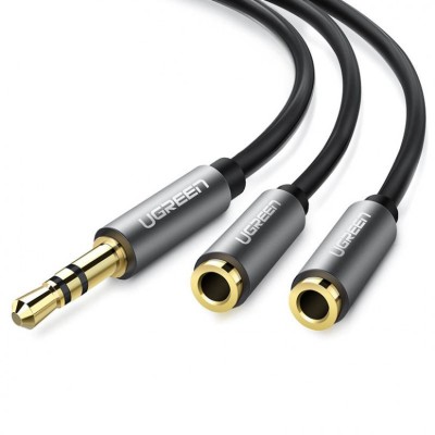 AUX 3.5mm разветвитель/сплиттер Ugreen AV123 аудио кабель (Чёрный с серебристым, 20см)